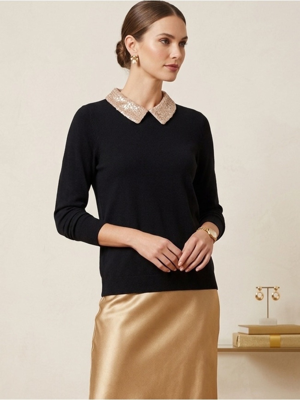 Adrianna Papell Tan Sequin Collar Twofer Sweater Medium Black Preppy Old Money